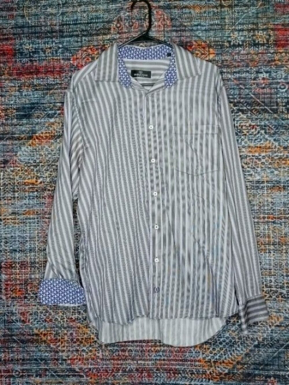 Bugatchi Uomo men black white purple striped floral cuff button front L EUC